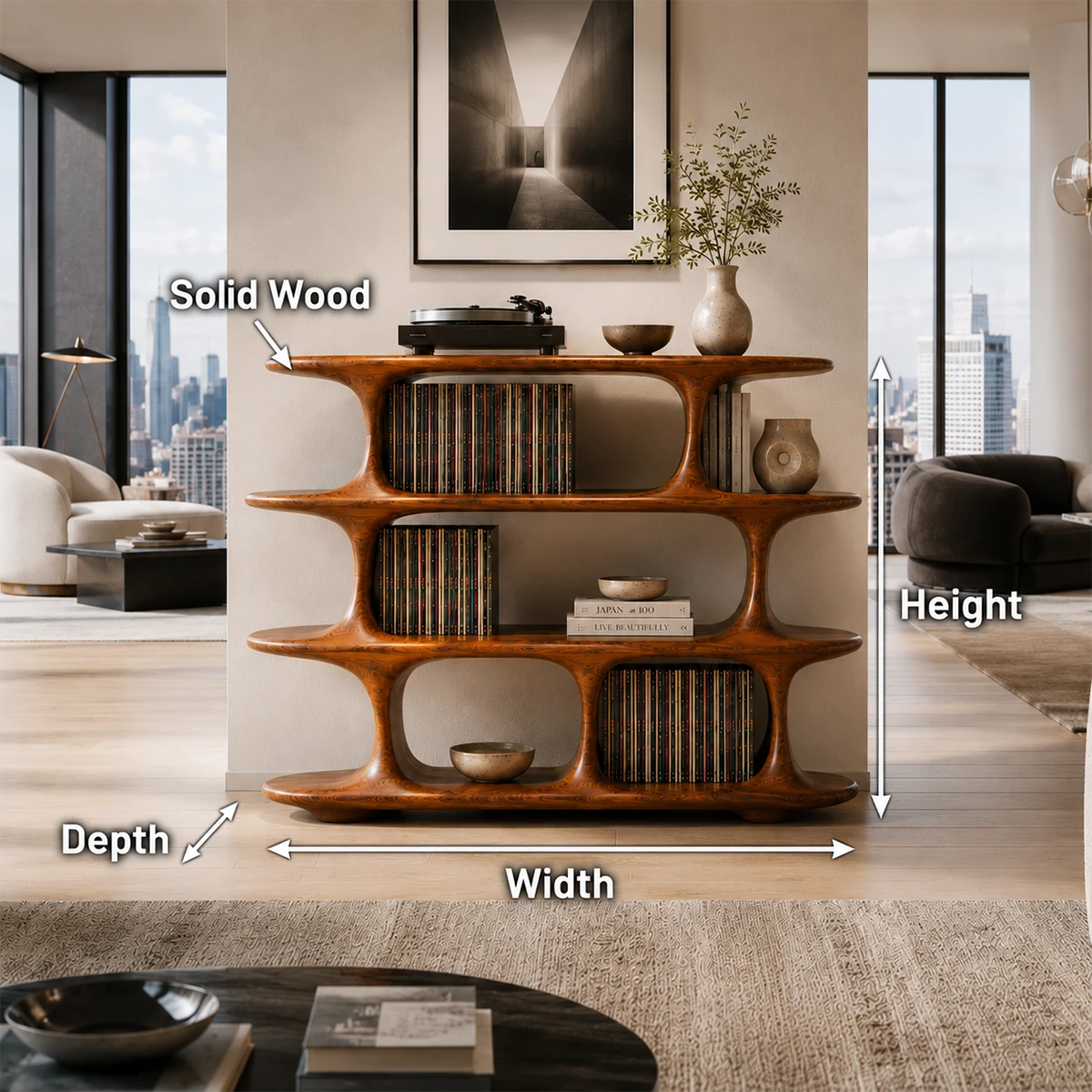 Architectural Natural Solid Wood Record Player Stand With Open Vinyl Shelves - ArborisWood - 9