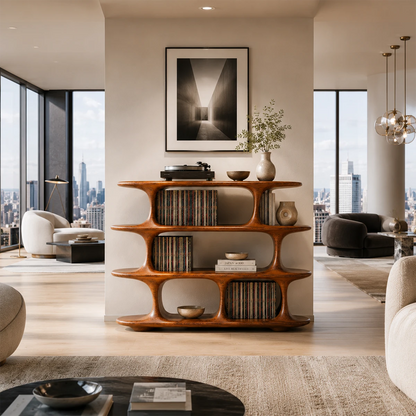 Architectural Natural Solid Wood Record Player Stand With Open Vinyl Shelves - ArborisWood