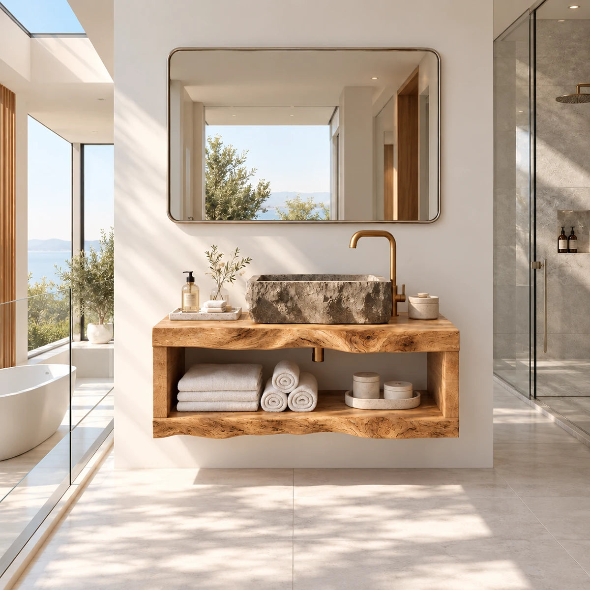 Open shelf bathroom vanity in natural solid wood with handcrafted character details