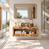 Open shelf bathroom vanity in natural solid wood with handcrafted character details