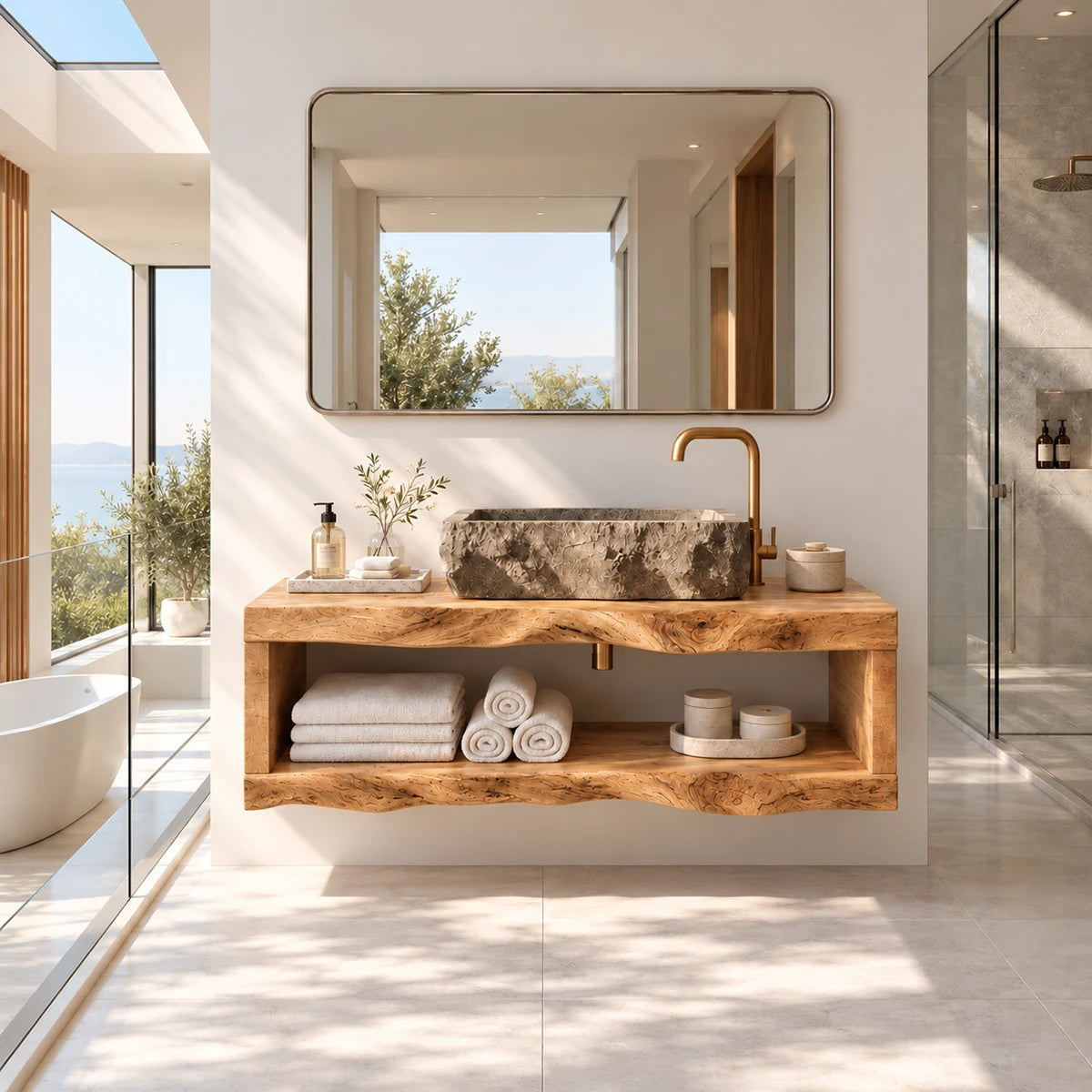 Wall mounted vanity in natural solid wood with open lower shelf and airy look overall