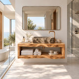 Wall mounted vanity in natural solid wood with open lower shelf and airy look overall