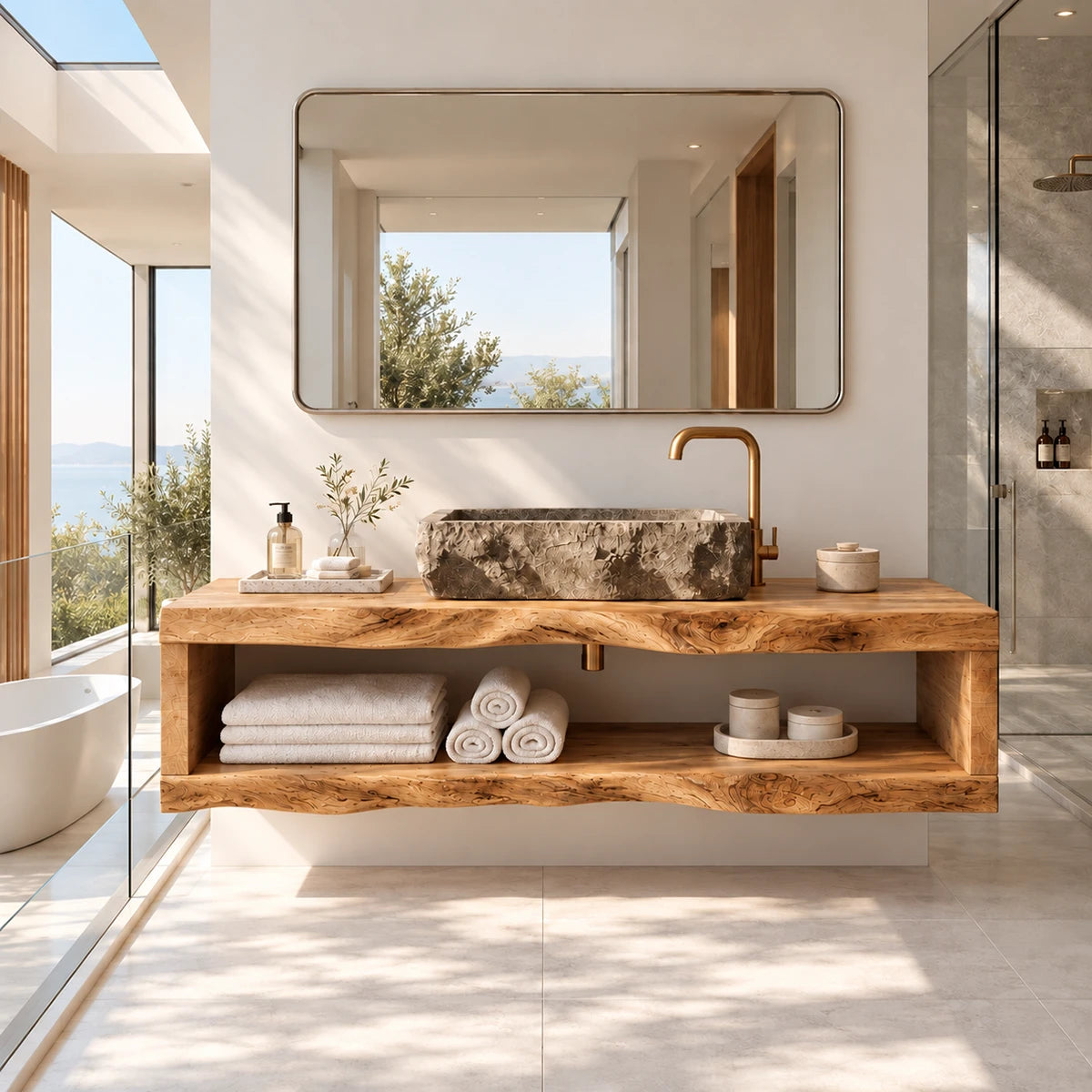 Designer bath vanity in natural solid wood with streamlined shelf organization below