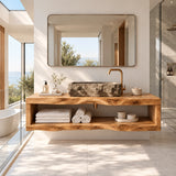 Designer bath vanity in natural solid wood with streamlined shelf organization below