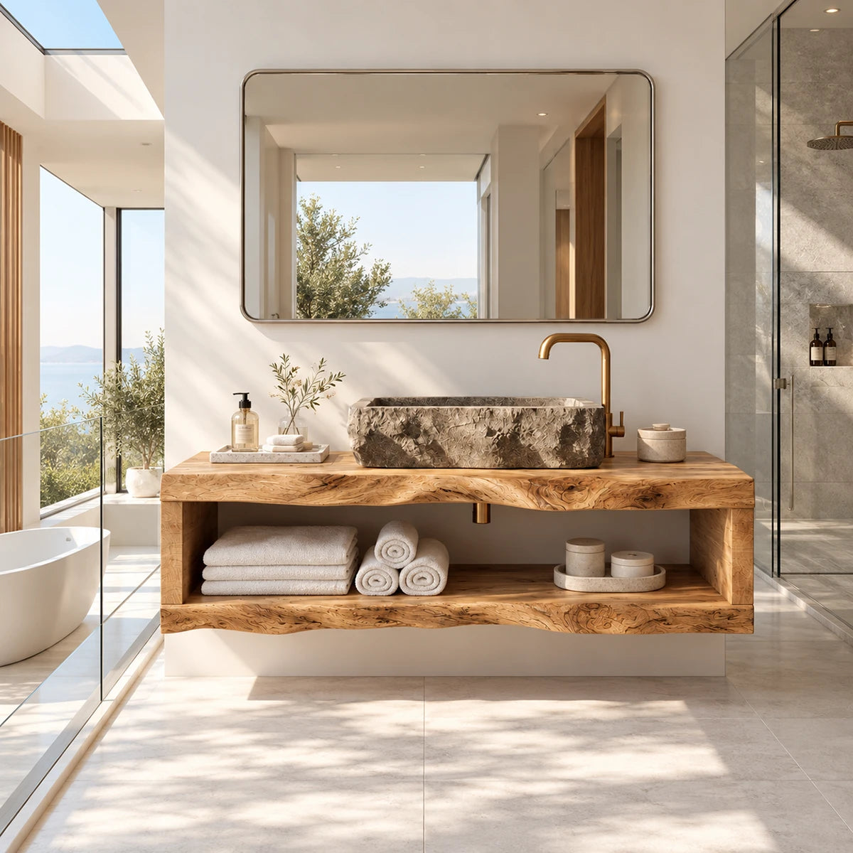 Floating bathroom vanity in natural solid wood with open shelf and sculpted edge