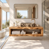 Floating bathroom vanity in natural solid wood with open shelf and sculpted edge