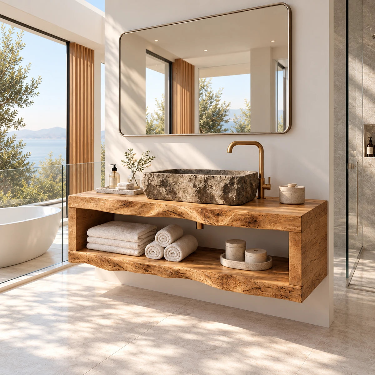 Architectural vanity console in natural solid wood with single open shelf storage