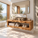 Architectural vanity console in natural solid wood with single open shelf storage