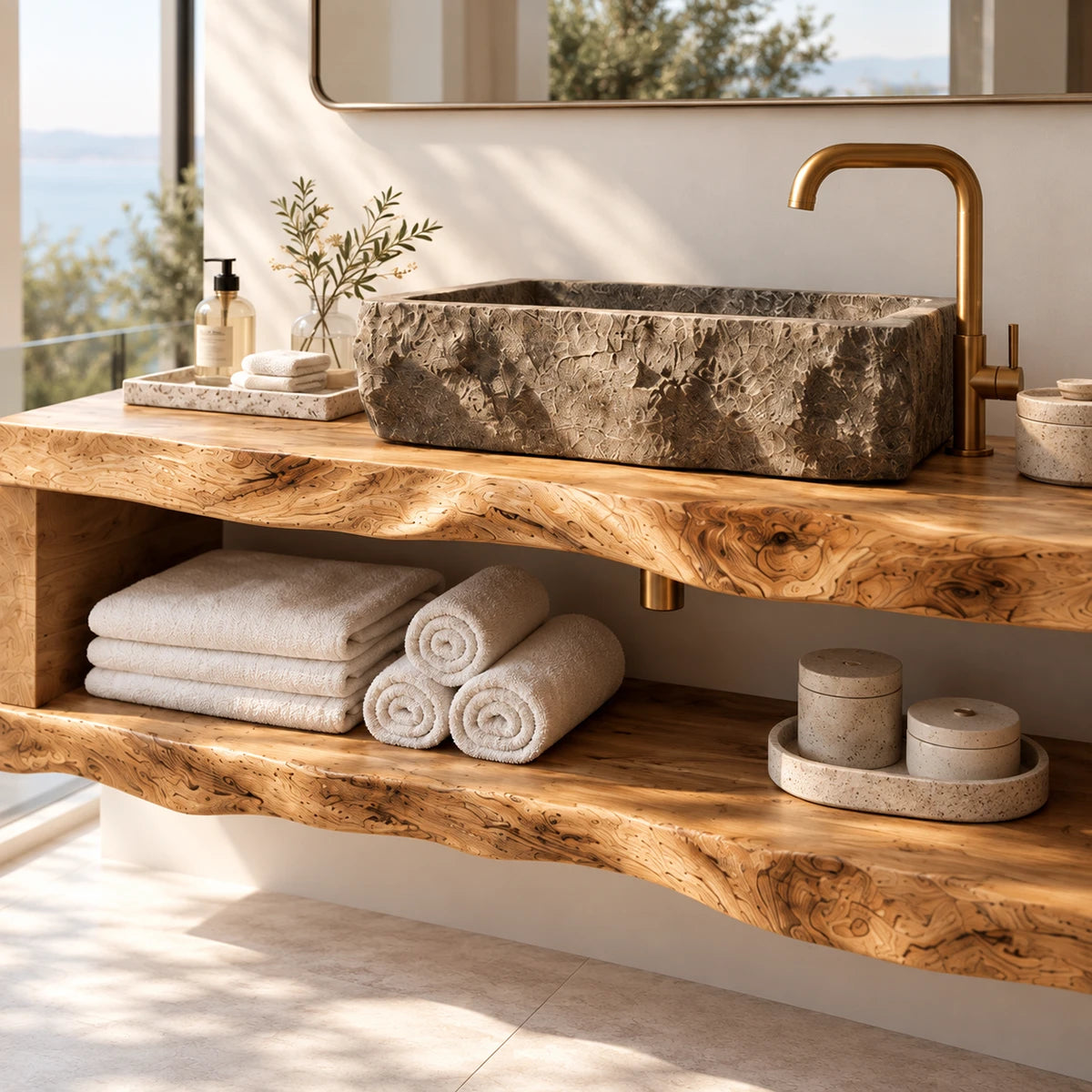 Coastal bathroom vanity in natural solid wood with open shelf and clean profile lines