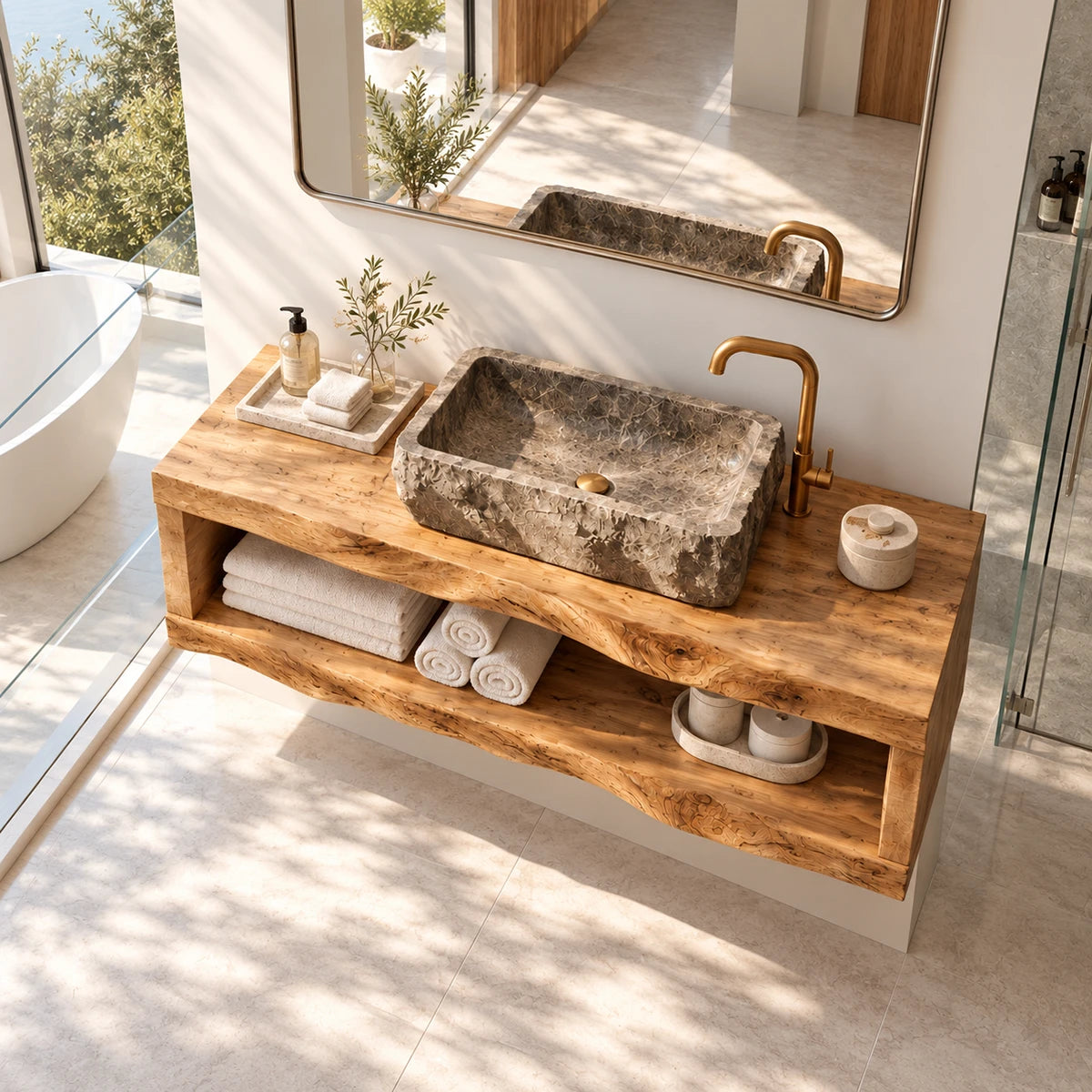 Spa style bath vanity in natural solid wood with open shelf and soft lines throughout
