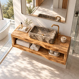 Spa style bath vanity in natural solid wood with open shelf and soft lines throughout