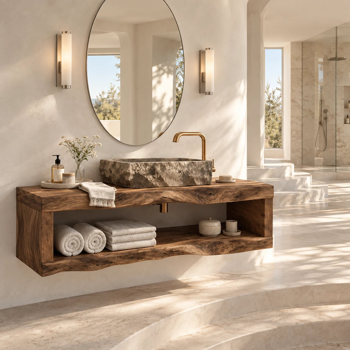 Minimalist vanity cabinet in natural solid wood with low profile shelf storage design