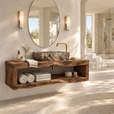 Minimalist vanity cabinet in natural solid wood with low profile shelf storage design
