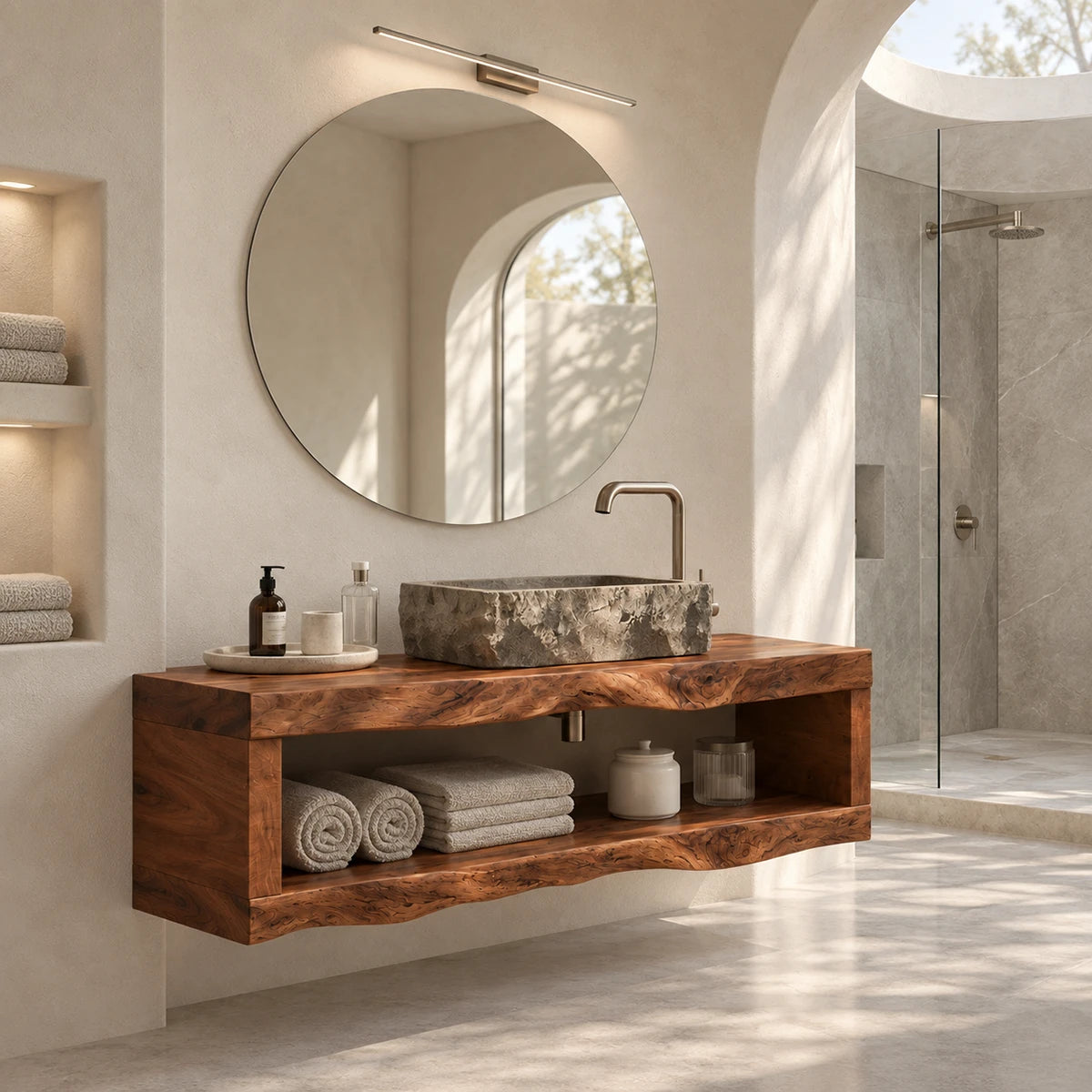 Resort inspired bathroom vanity in natural solid wood with functional open storage