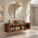 Resort inspired bathroom vanity in natural solid wood with functional open storage