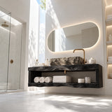 Statement bath console in natural solid wood with open shelving and bold form presence