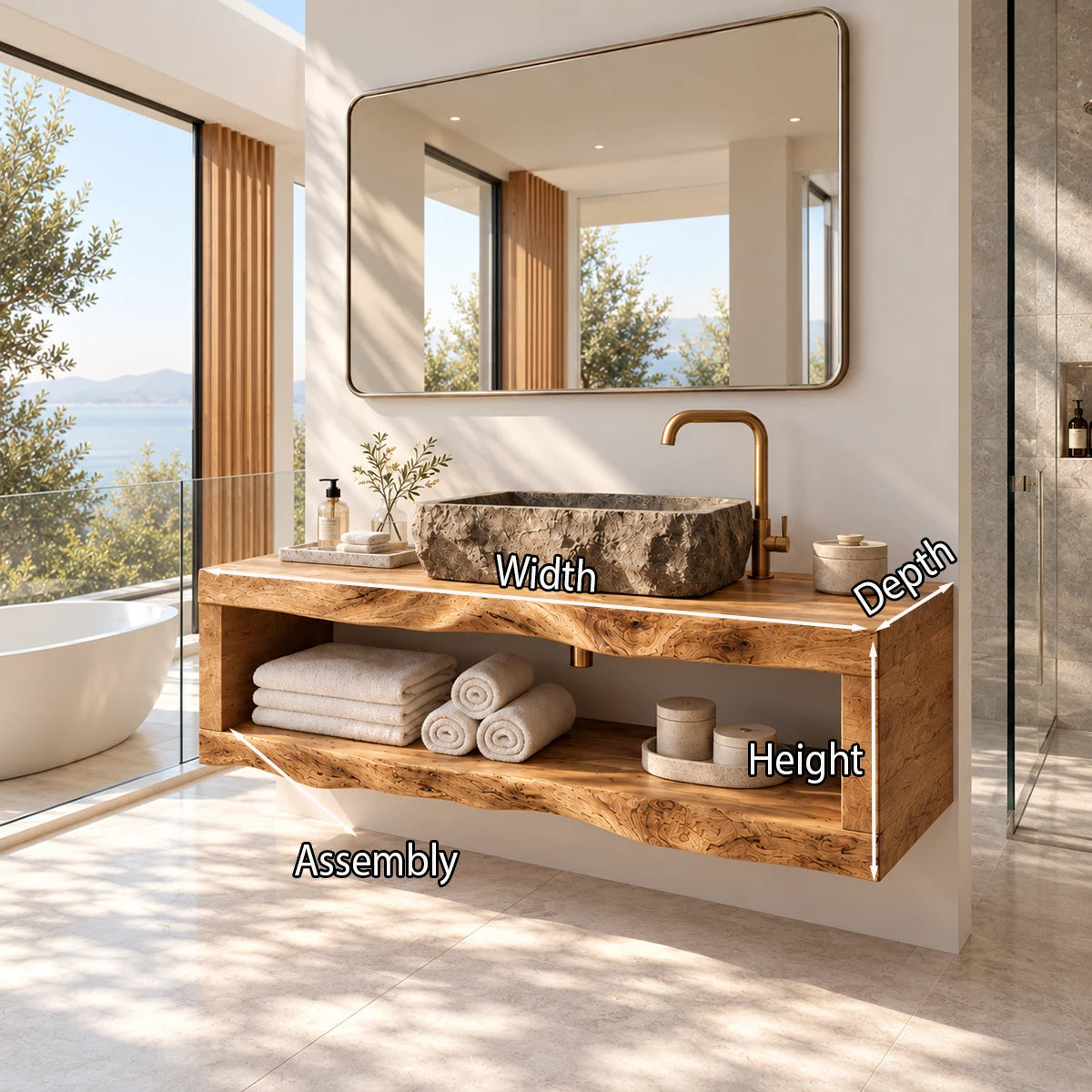 Elevated bathroom vanity in natural solid wood with shelf storage and warm tone finish