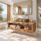 Elevated bathroom vanity in natural solid wood with shelf storage and warm tone finish