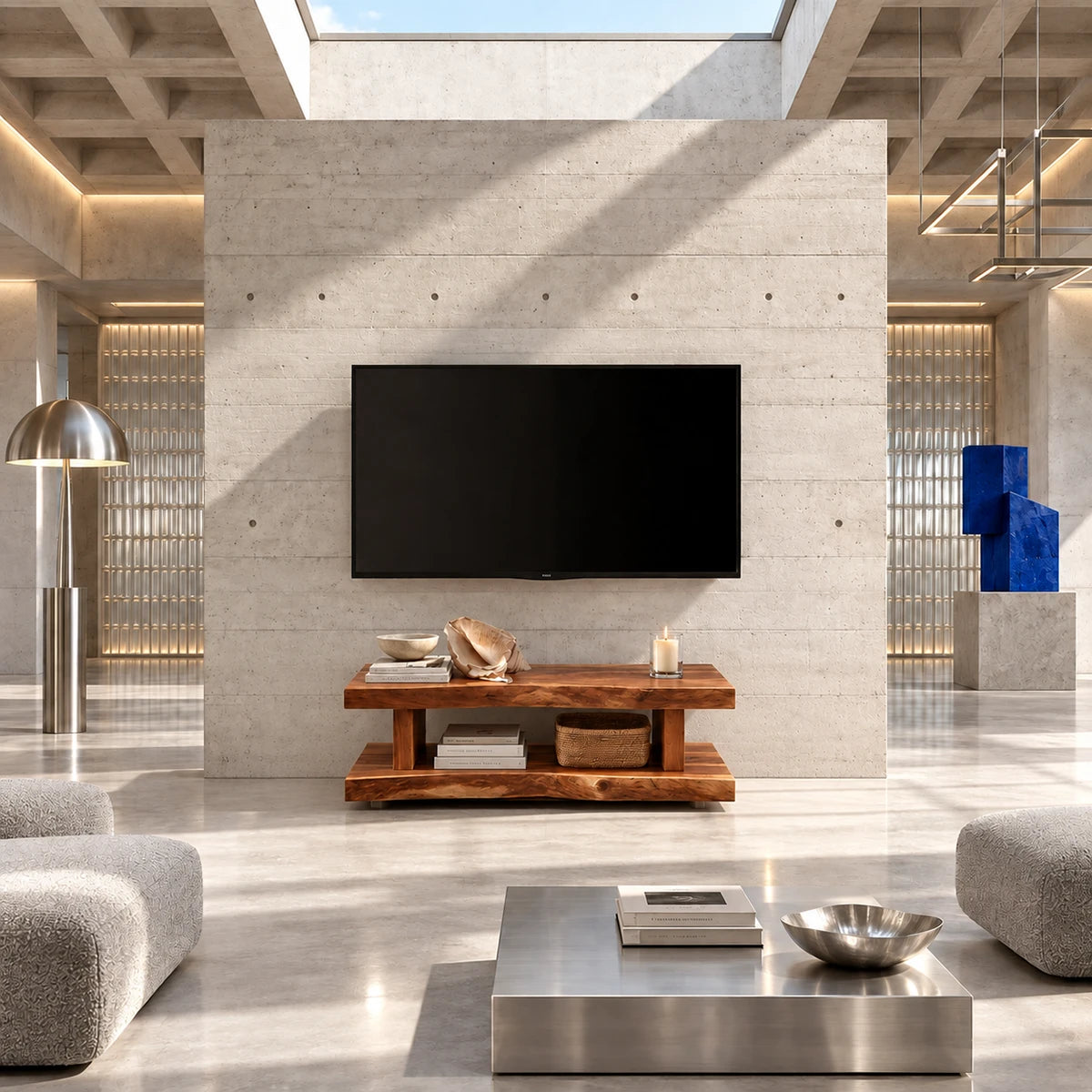Designer television stand with layered shelves and simple modern solid wood construction