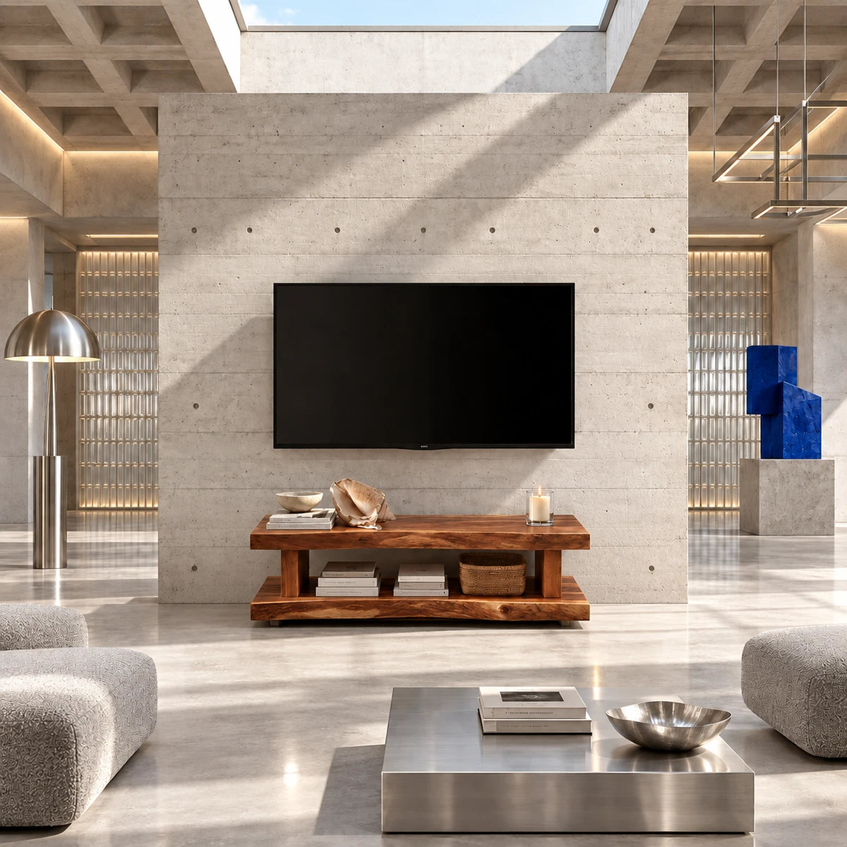 Refined TV storage console with open shelving for a neat and uncluttered media area