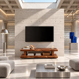 Open shelf media unit with wide storage space and a low profile for contemporary rooms