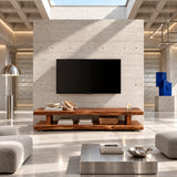 Modern entertainment bench with open shelving for flexible living room media storage