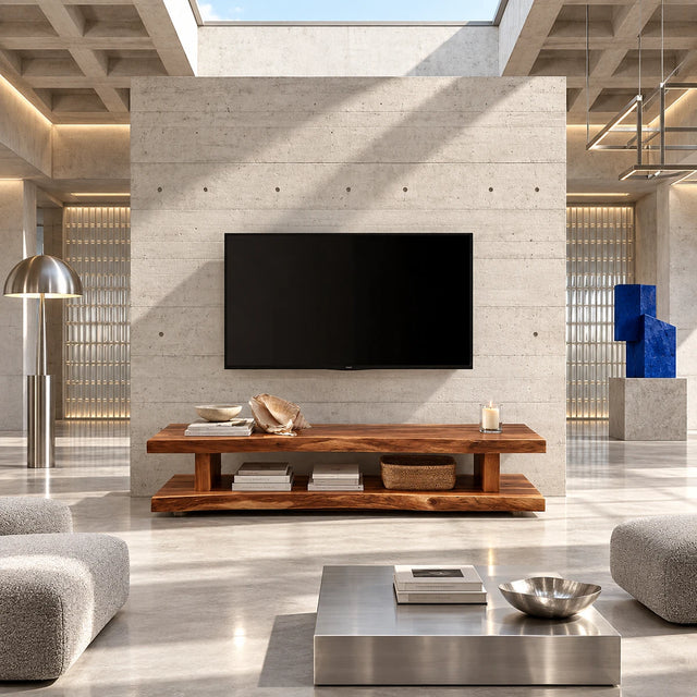 Natural solid wood TV stand with open lower shelf for a clean modern living room setup