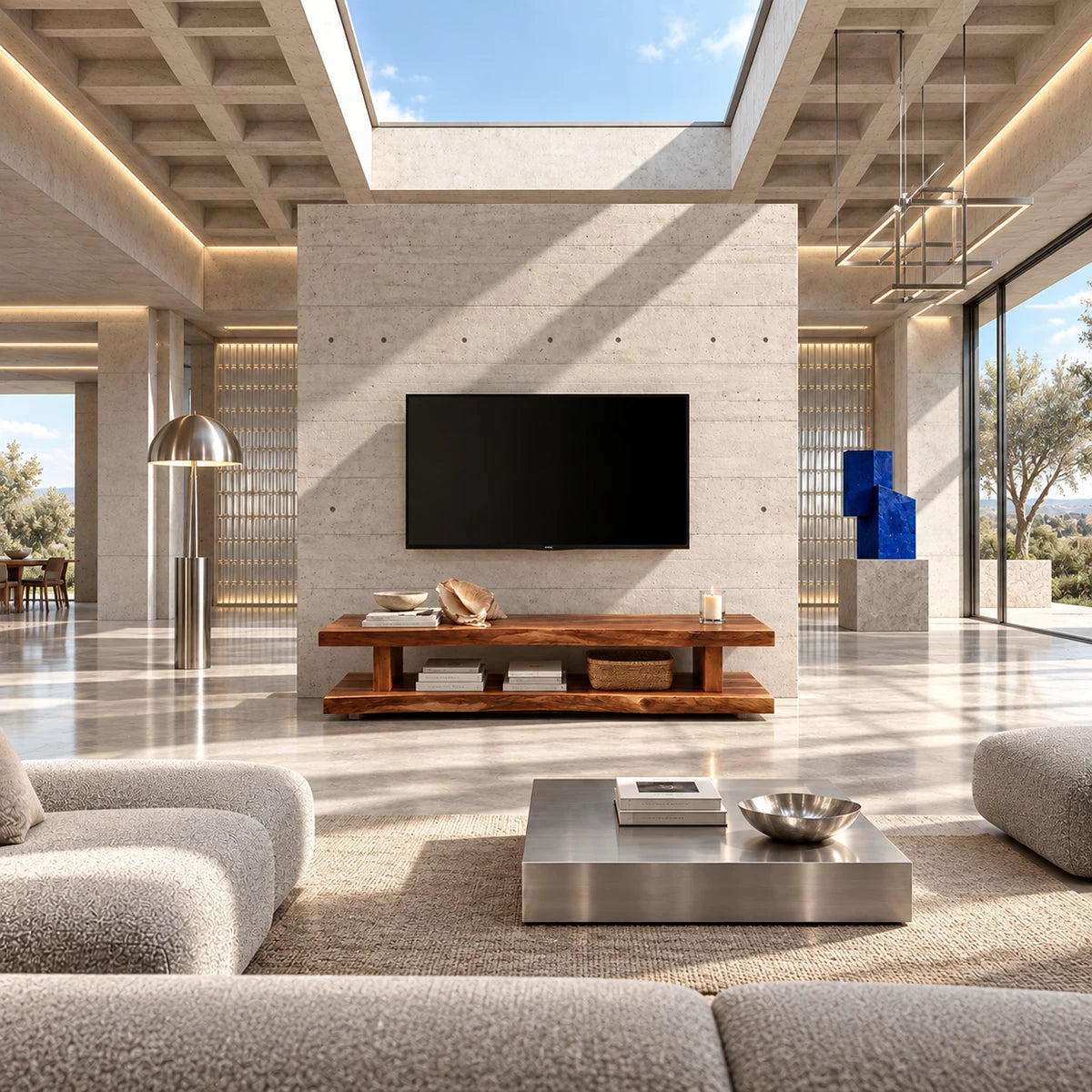 Modern media console with long open storage shelf and simple architectural proportions