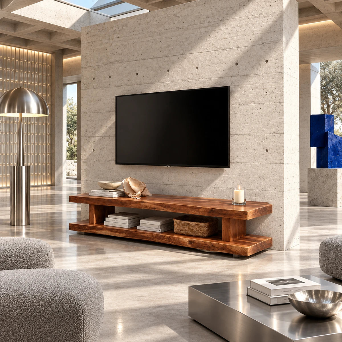 Low profile TV cabinet with spacious open shelving for books and media accessories