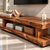 Wide entertainment console with open storage and a streamlined solid wood silhouette