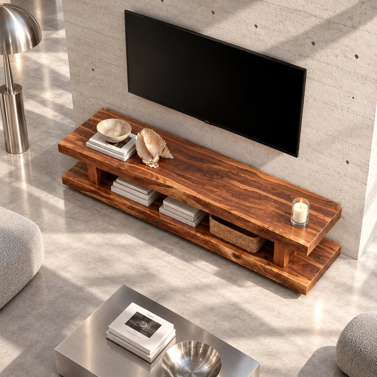 Contemporary TV console with full length shelf storage for a calm minimalist interior
