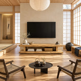 Living room TV stand with open shelf design and broad top for a wall mounted television