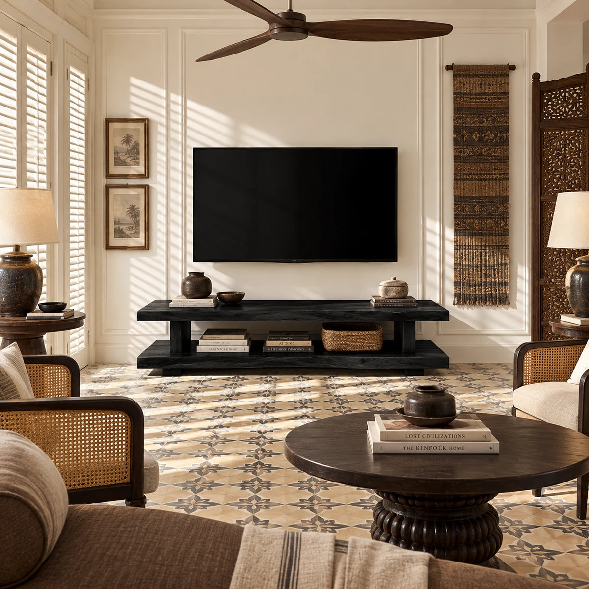 Minimalist entertainment unit with practical open shelving and clean horizontal lines