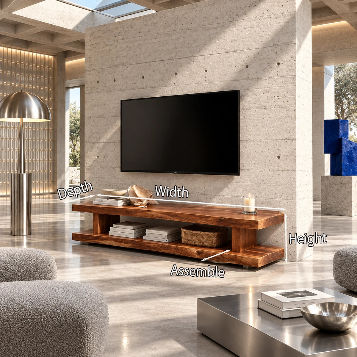 Solid wood media stand with long open storage space for electronics and display pieces