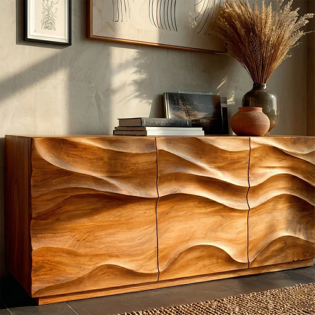 Architectural Storage Sideboard in Natural Solid Wood with Sculpted Relief - ArborisWood - 4