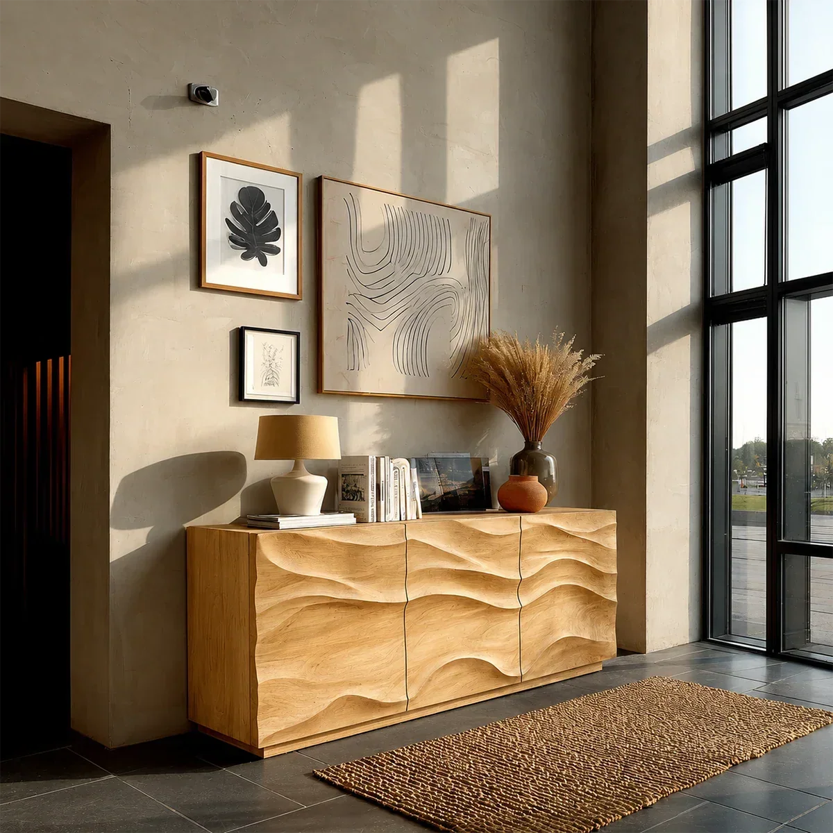 Architectural Storage Sideboard in Natural Solid Wood with Sculpted Relief - ArborisWood - 8