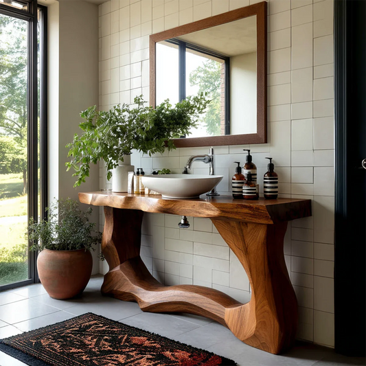 Artisan brown wood bathroom vanity with live edge base
