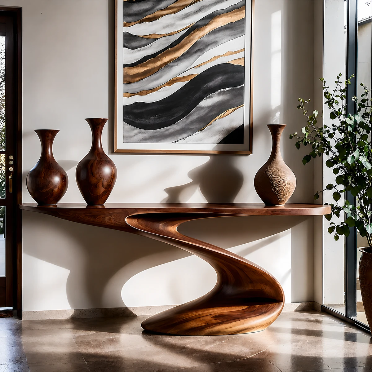 Artistic Curved Console Table Natural Solid Wood Entryway S Curve Base - ArborisWood - 15