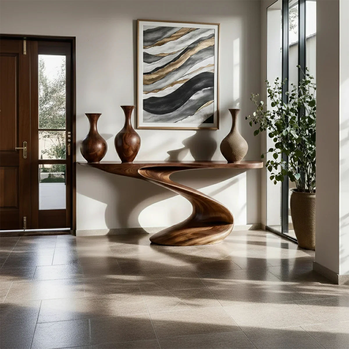 Artistic Curved Console Table Natural Solid Wood Entryway S Curve Base - ArborisWood - 2