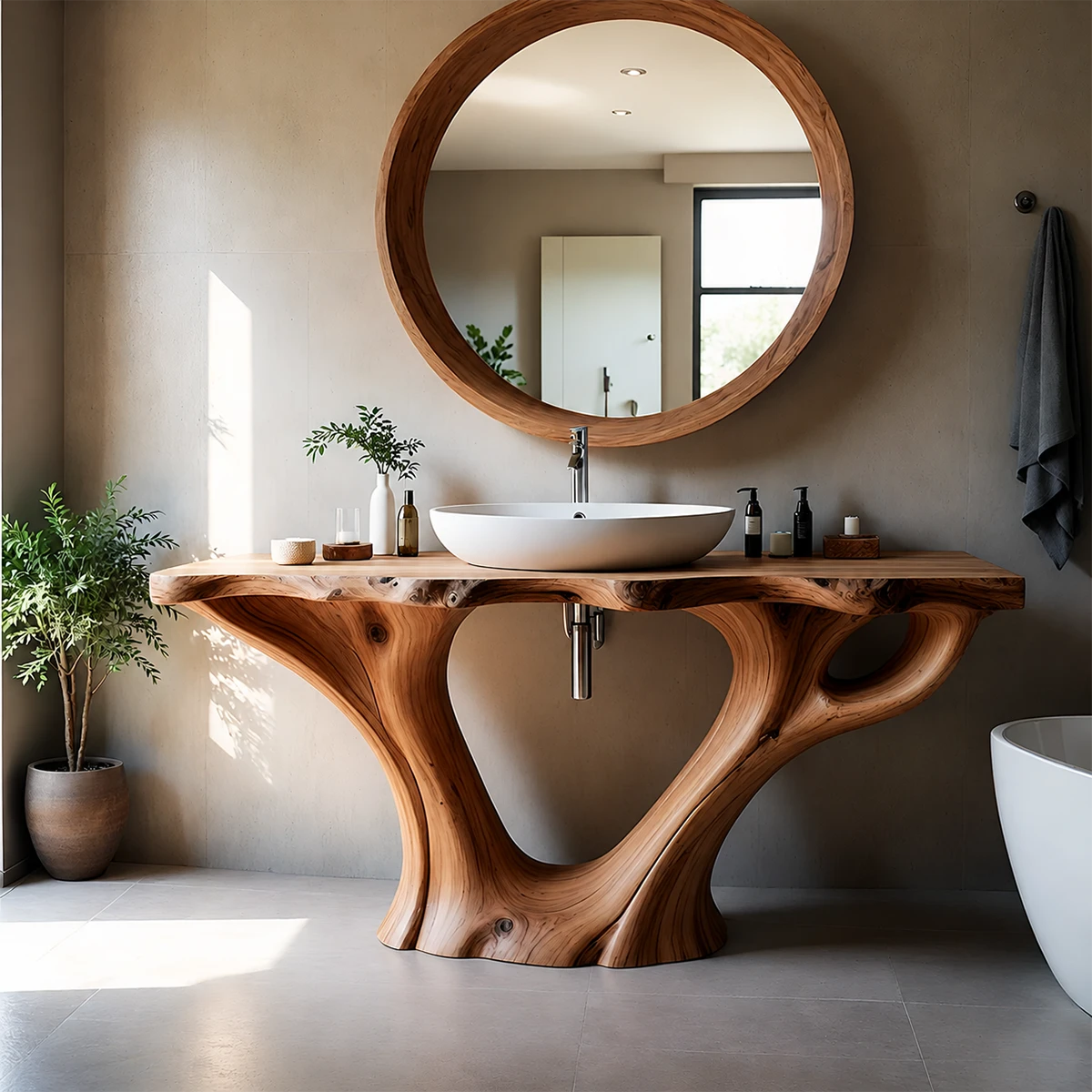 Artistic Flow Bathroom Vanity Natural Solid Wood Twin Sculptural Base - ArborisWood - 14