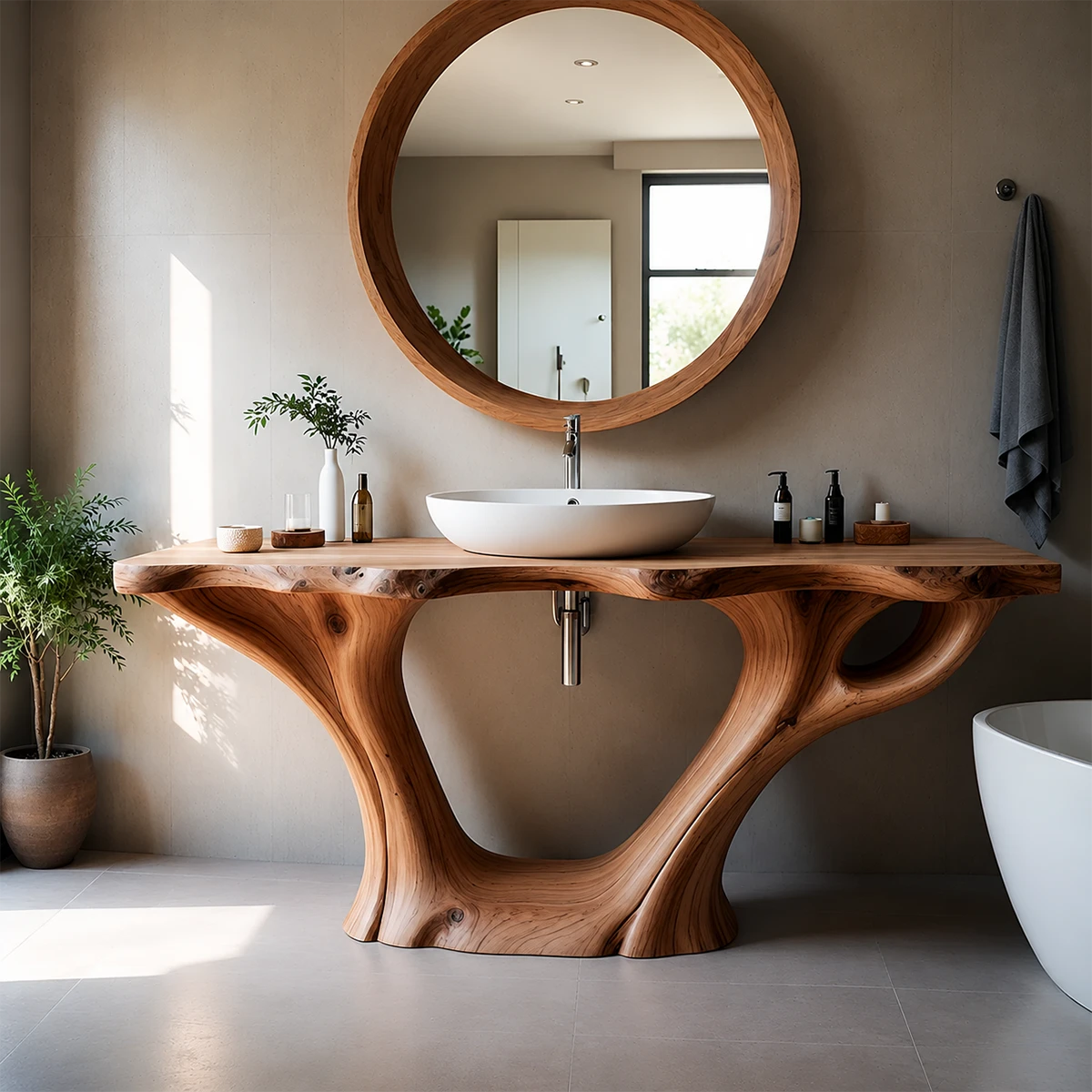 Artistic Flow Bathroom Vanity Natural Solid Wood Twin Sculptural Base - ArborisWood - 15