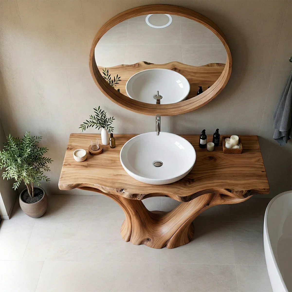 Artistic Flow Bathroom Vanity Natural Solid Wood Twin Sculptural Base - ArborisWood - 7