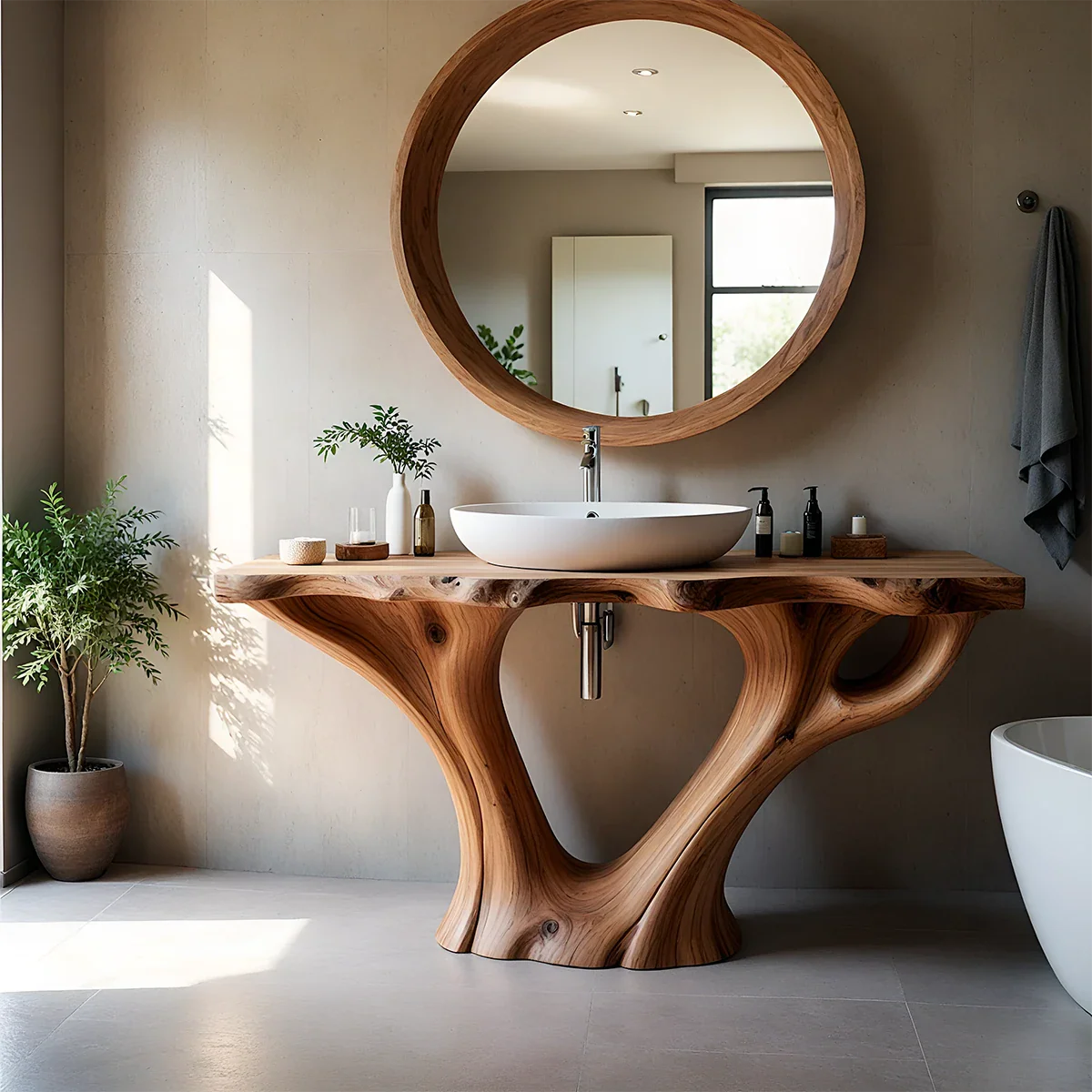Artistic Flow Bathroom Vanity Natural Solid Wood Twin Sculptural Base - ArborisWood