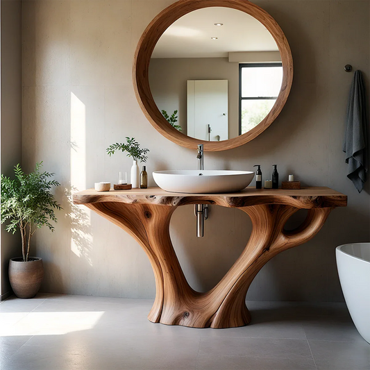 Artistic Flow Bathroom Vanity Natural Solid Wood Twin Sculptural Base - ArborisWood