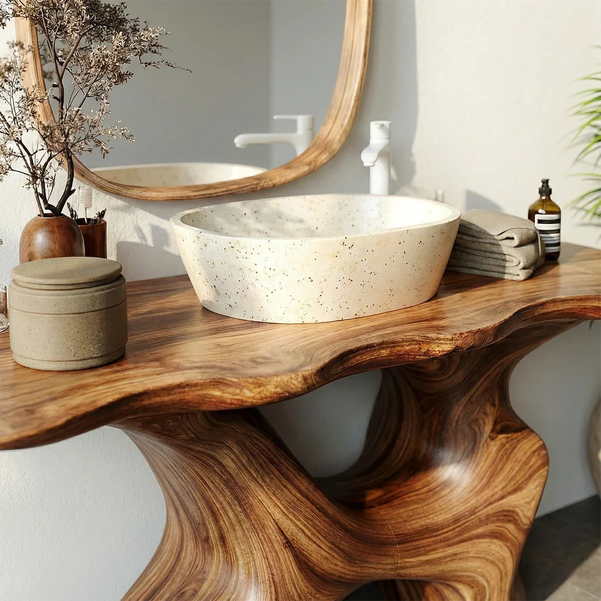 Artistic Sculptural Bathroom Vanity Natural Solid Wood Curved Base - ArborisWood - 4