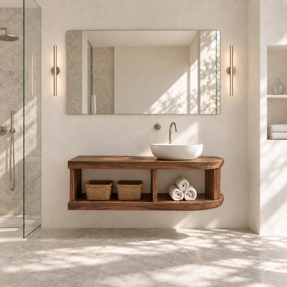 Designer bathroom vanity in natural solid wood with shelf storage and soft curved end