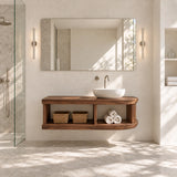 Designer bathroom vanity in natural solid wood with shelf storage and soft curved end