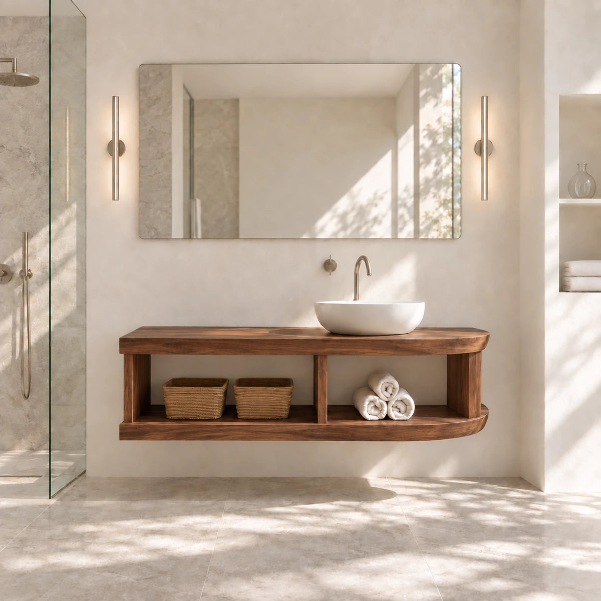 Clean lined vanity unit in natural solid wood with floating frame and open towel shelf