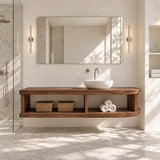 Elegant bath sink cabinet in natural solid wood with open shelf and vessel basin