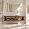 Floating bathroom vanity in natural solid wood with open shelf and vessel sink design